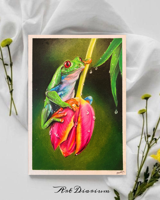 Glistening Harmony: Frog on Flower with Water Droplets, an Oil Pastel Art - Original painting by Bhushita