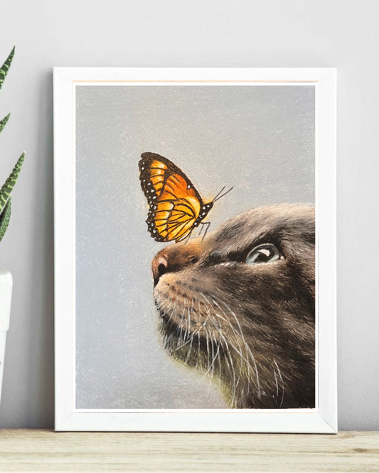 Peaceful Paws: A Cat's Quiet Moment with a Butterfly - Original Painting by Bhushita