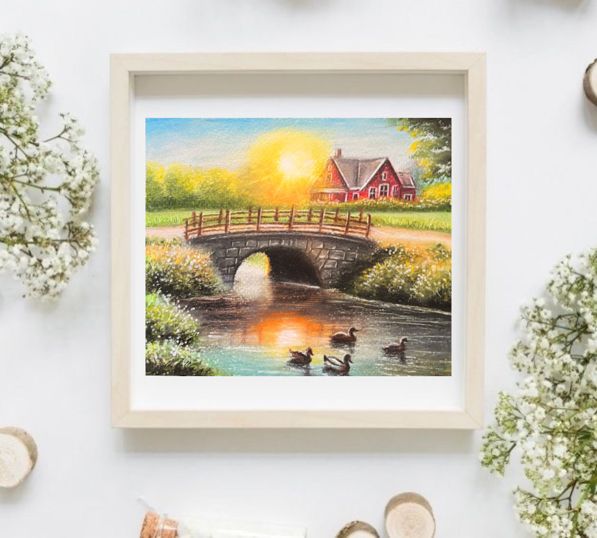 Serene Summer Scene: Pond and Farmhouse in Oil Pastels - Original Painting by Bhushita