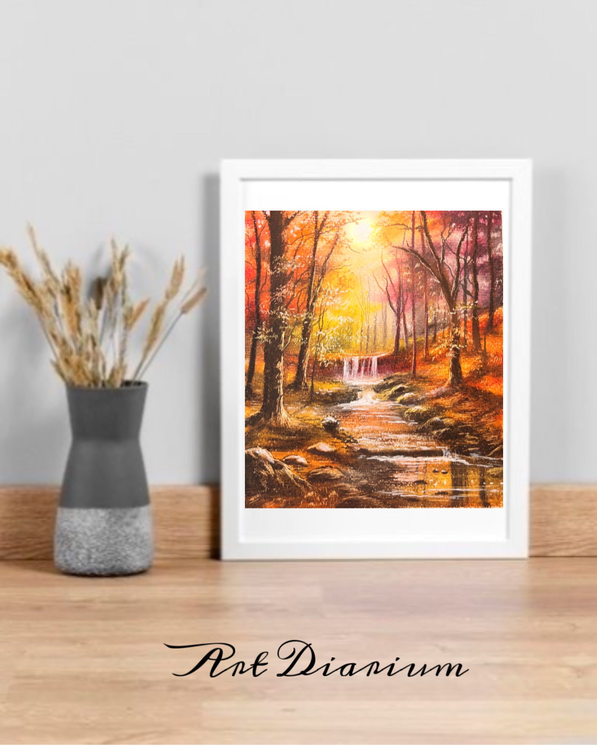 Golden Canopy: A Serene Autumn Day by the Stream, Captured in Oil Pastels - Original Painting by Bhushita