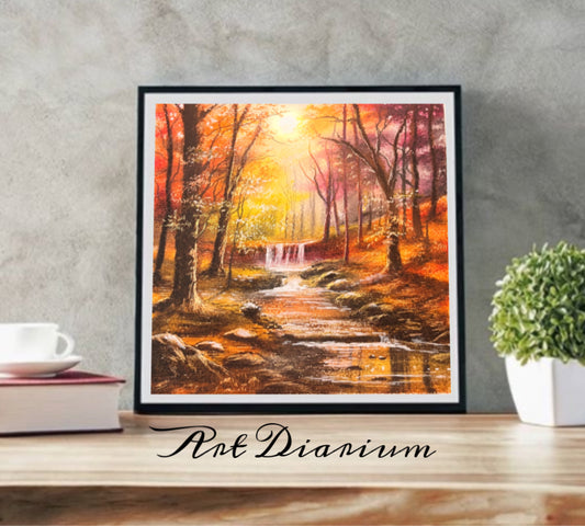 Golden Canopy: A Serene Autumn Day by the Stream, Captured in Oil Pastels - Original Painting by Bhushita