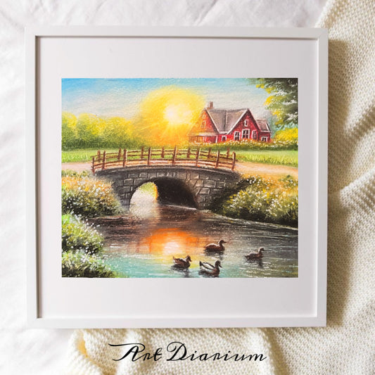 Serene Summer Scene: Pond and Farmhouse in Oil Pastels - Original Painting by Bhushita