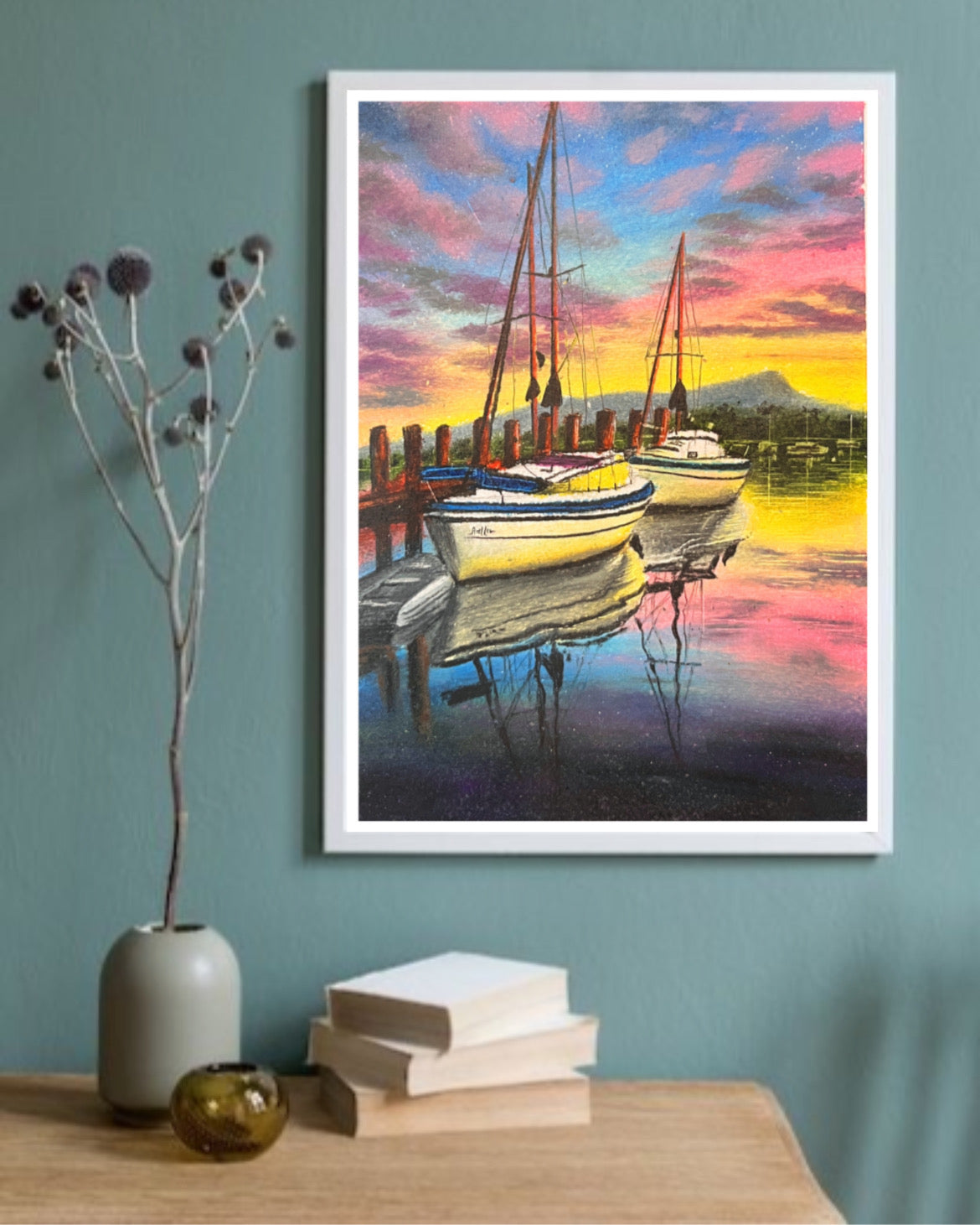 Serenity on the River: Colorful Boat Scenery - Original Painting by Bhushita