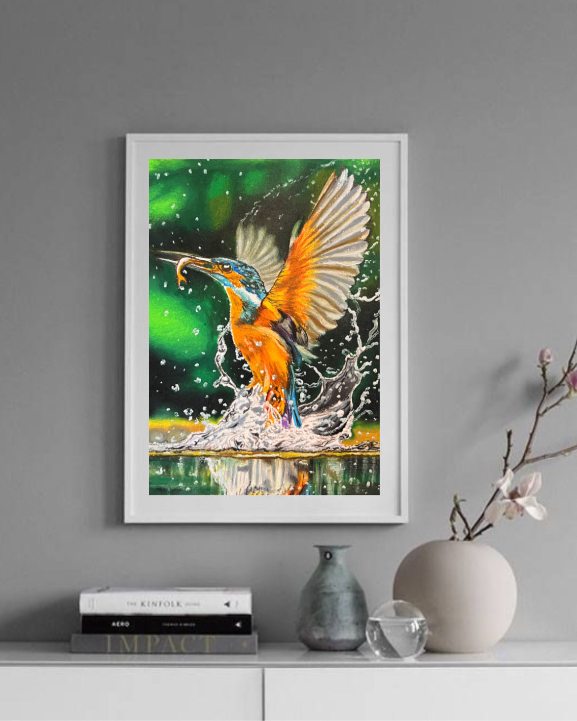 Kingfisher's Catch: Oil Pastel Painting - Original Painting by Bhushita