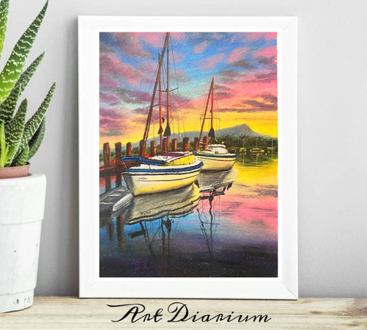 Serenity on the River: Colorful Boat Scenery - Original Painting by Bhushita